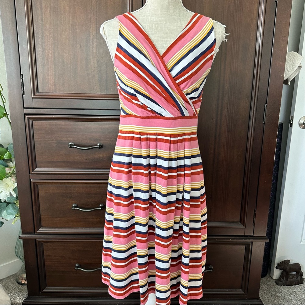 Lands' End Multi Colored Striped Pleated Wrap Midi Dress